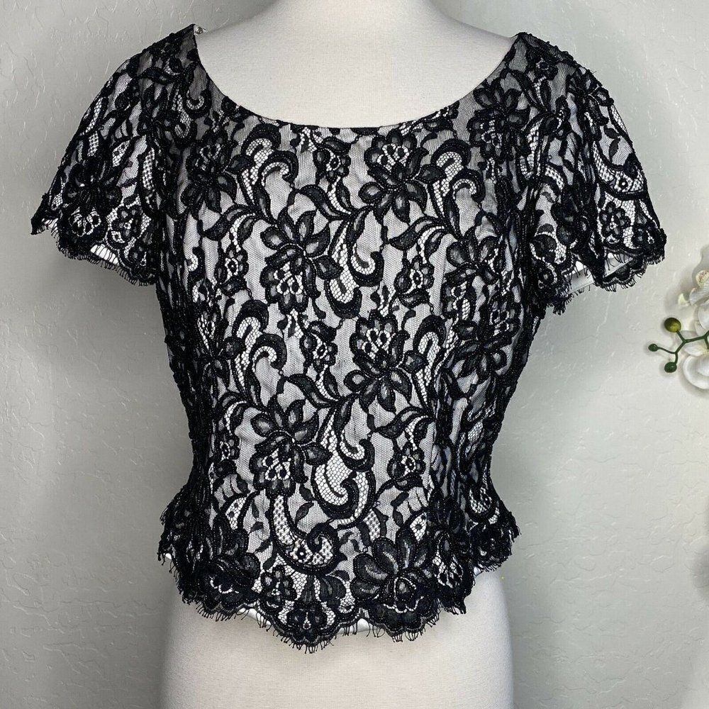 Carmen Marc Valvo Beaded Embroidered Lace Top